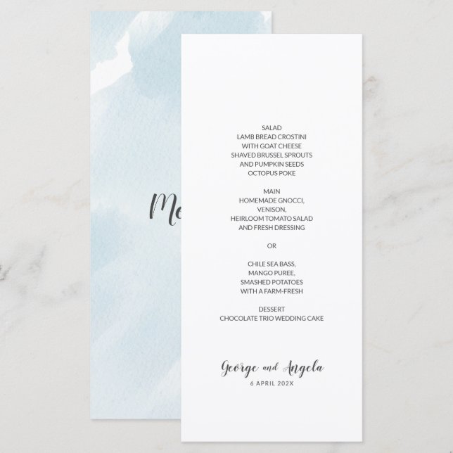Watercolour Blue Simple Party Menu (Front/Back)
