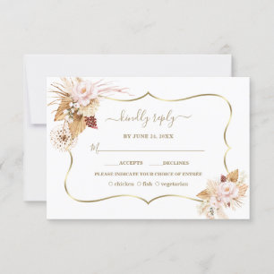 Watercolour Blush Roses Pampas Grass Gold Wedding RSVP Card