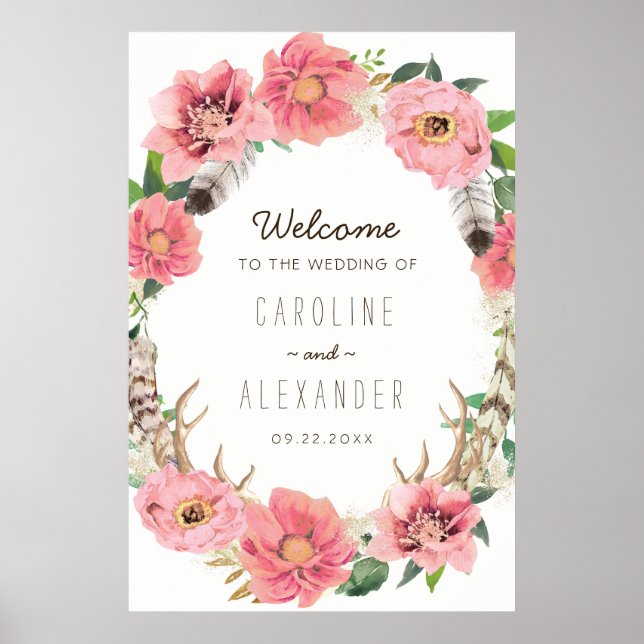 Watercolour Boho Feathers Welcome Sign (24x36) (Front)