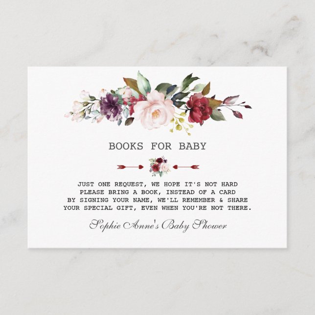 Watercolour Burgundy Blush Floral Baby Shower Enclosure Card (Front)