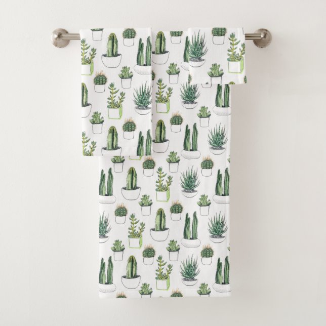 Watercolour Cacti & Succulent Bath Towel Set (Insitu)