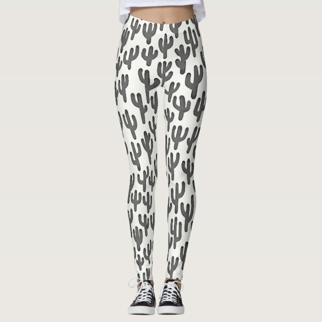 Watercolour Cactus Pattern - Black Leggings (Front)