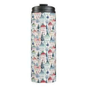Watercolour Christmas Homes seamless pattern. Thermal Tumbler