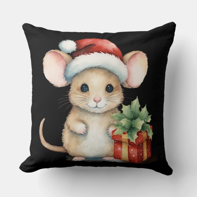Watercolour Christmas Mouse Throw Pillow (Front)