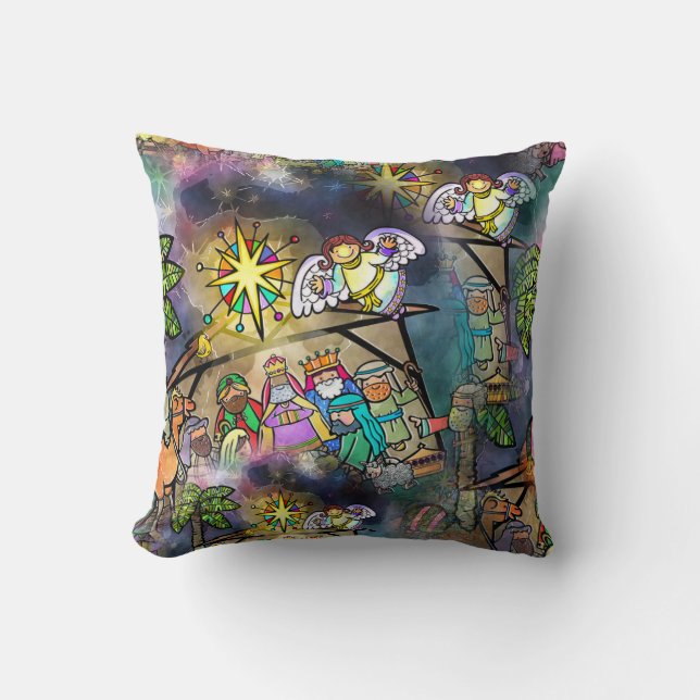 Watercolour Christmas Nativity Scene Throw Pillow (Front)