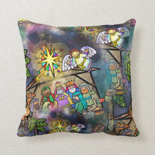 Watercolour Christmas Nativity Scene Throw Pillow