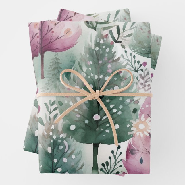 Watercolour Christmas Tree  Pink Purple Green  Wrapping Paper Sheet (In situ)