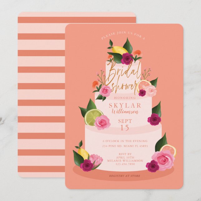 Watercolour Citus Floral 3 Tier Cake Bridal Shower Invitation (Front/Back)
