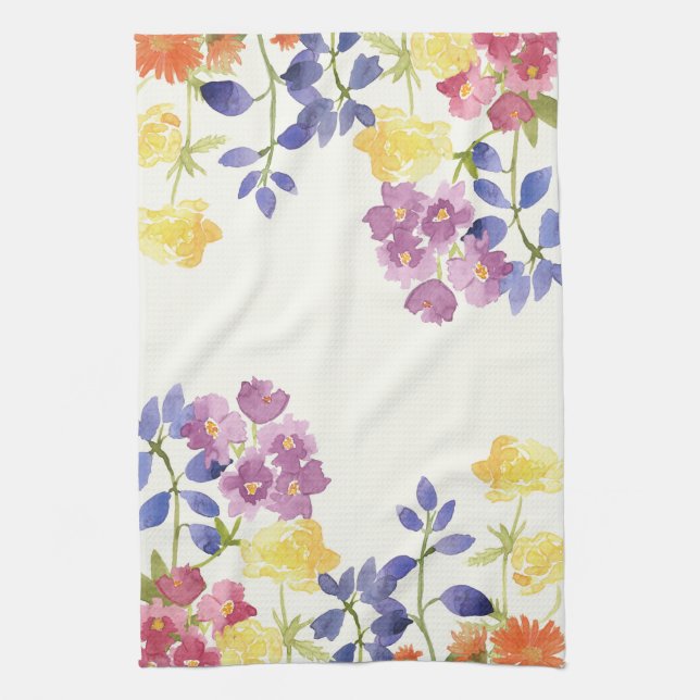 Watercolour Colourful Wild Flowers Tea Towel (Vertical)