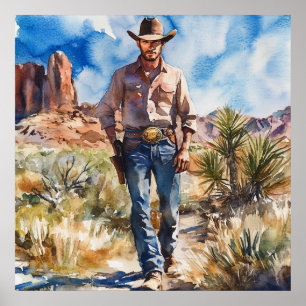 Watercolour Cowboy in Desert Poster