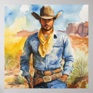 Watercolour Cowboy in Desert Poster