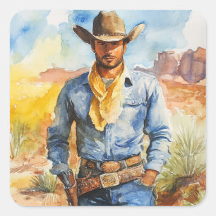 Watercolour Cowboy in Desert Square Sticker