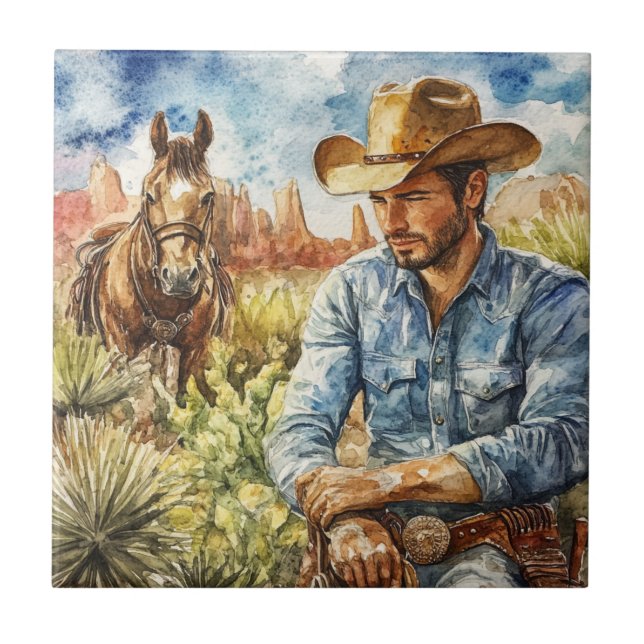 Watercolour Cowboy in Desert Tile (Front)