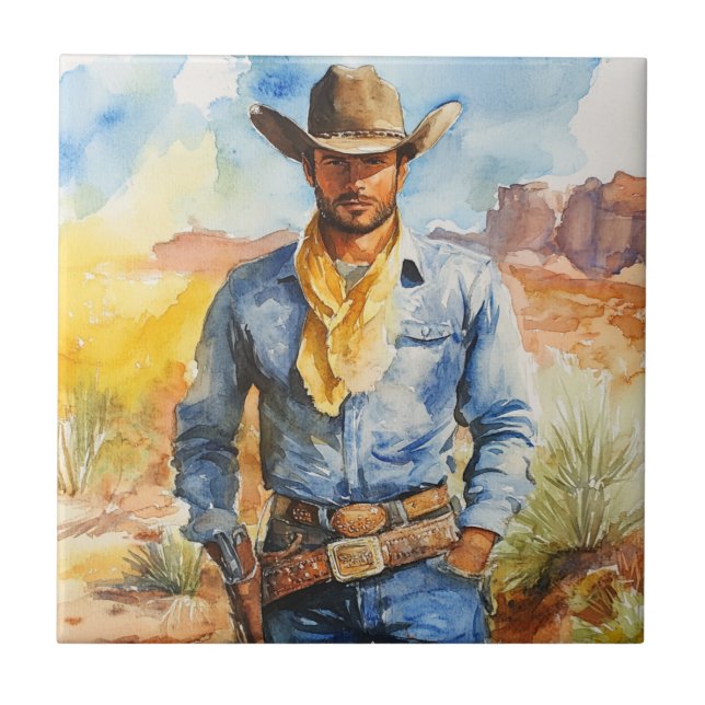 Watercolour Cowboy in Desert Tile (Front)
