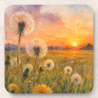 Watercolour Dandelions at Sunset Meadow Landscape  Coaster