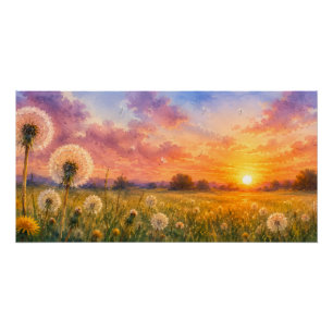 Watercolour Dandelions at Sunset Meadow Landscape Poster