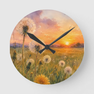 Watercolour Dandelions at Sunset Meadow Landscape  Round Clock