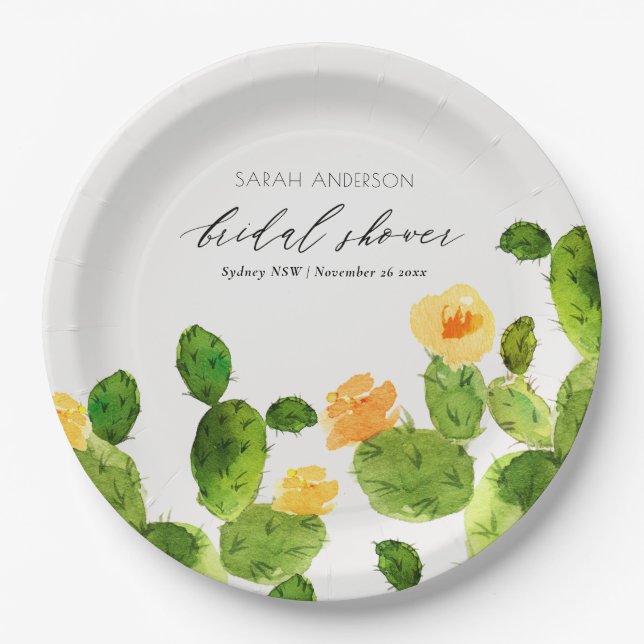 WATERCOLOUR DESERT CACTUS FLOWER  BRIDAL SHOWER PAPER PLATE (Front)