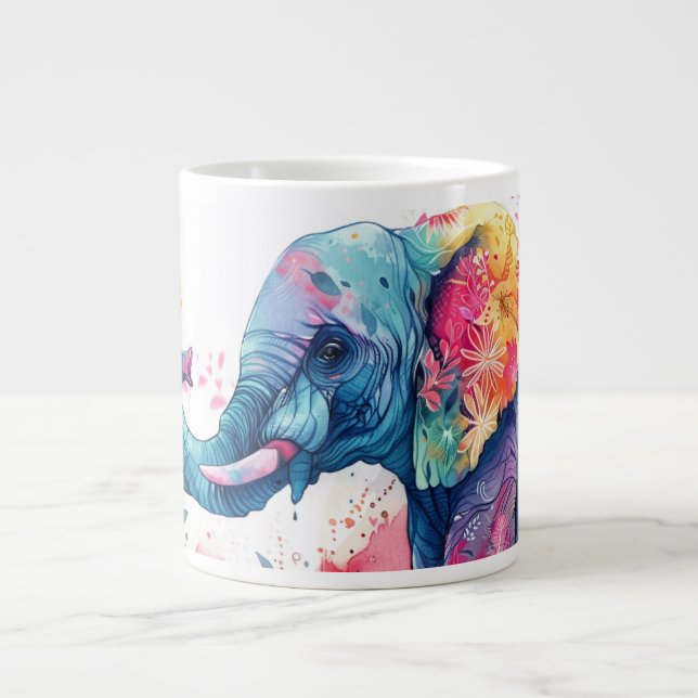 Watercolour Elephant with flowers.  Large Coffee Mug (Front)