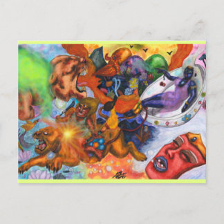 watercolour eros riding lioness goddess love holiday postcard