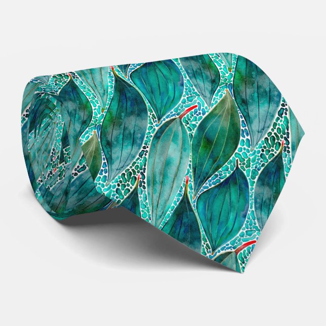 Watercolour Eucalyptus Blue River Leaves Tie (Rolled)
