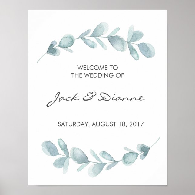 Watercolour Eucalyptus Wedding Welcome Sign (Front)