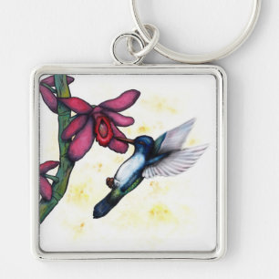 watercolour fantasy flying hummingbird and orchid keychain