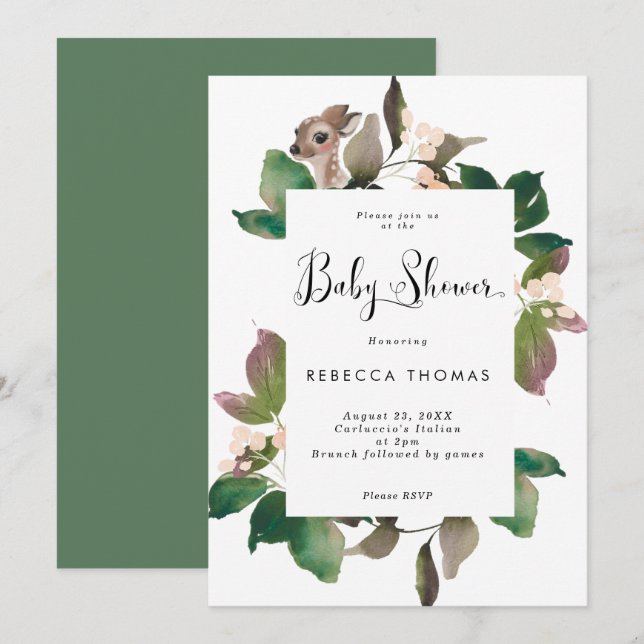 watercolour floral deer baby shower invitation (Front/Back)