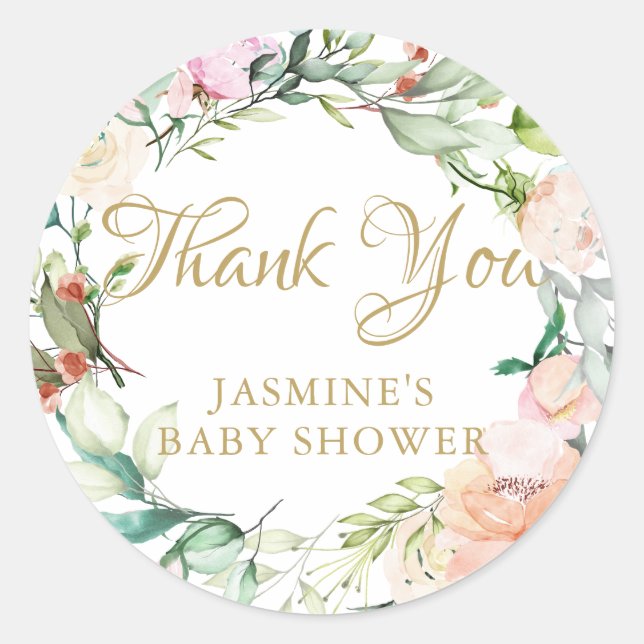 Watercolour Floral gold script baby shower Classic Round Sticker (Front)