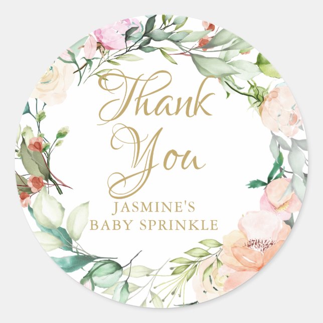 Watercolour Floral gold script baby sprinkle Classic Round Sticker (Front)