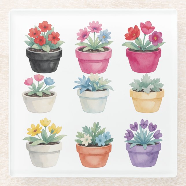 Watercolour Flower Pots Glass Coaster (Front)