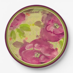 Watercolour Flowered Plates In Burgundy and Olive