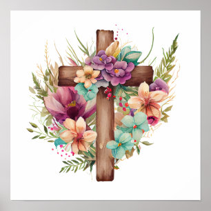 Watercolour Flowers & Cross Poster
