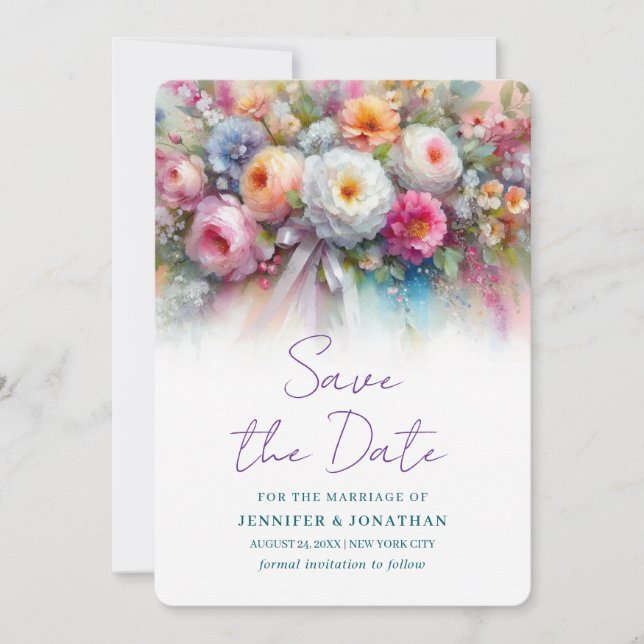 Watercolour Flowers Hand Script Save The Date (Front)