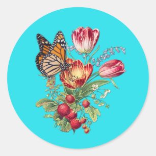 Watercolour Flowers with Visiting Butterflies Classic Round Sticker