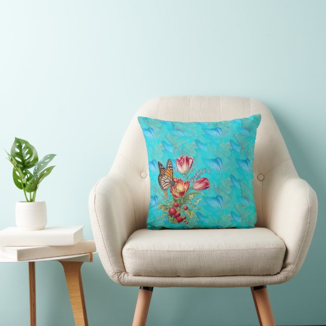 Watercolour Flowers with Visiting Butterflies. Throw Pillow (Chair)
