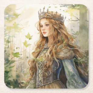 Watercolour Forest Princess Square Paper Coaster