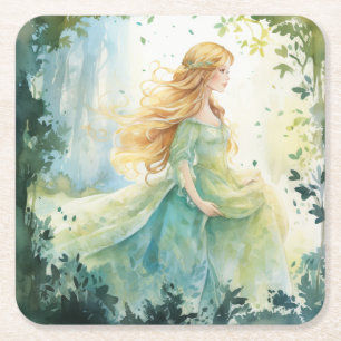 Watercolour Forest Princess Square Paper Coaster