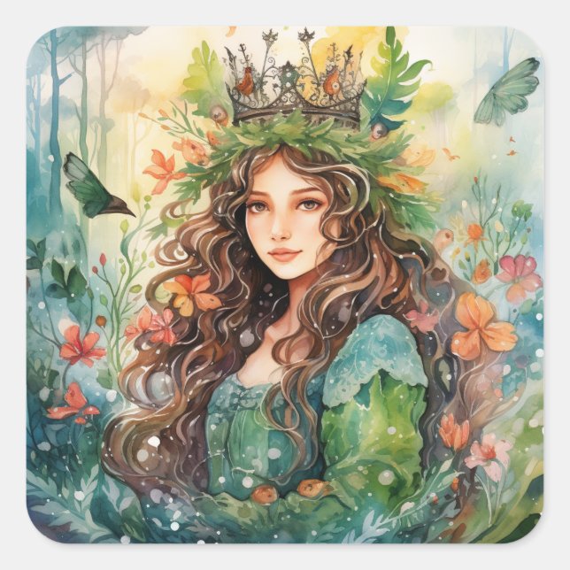 Watercolour Forest Princess Square Sticker (Front)