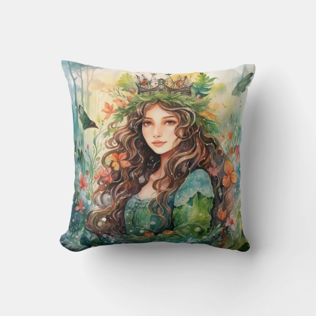 Watercolour Forest Princess Throw Pillow (Front)