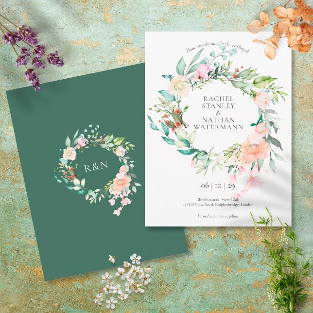 Watercolour Garland Floral Wedding Save the Date Postcard (Creator Uploaded)