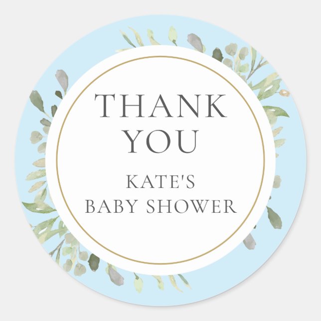 Watercolour Greenery Baby Boy Shower Thank You Classic Round Sticker (Front)
