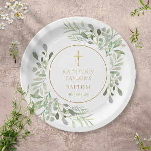 Watercolour Greenery Baptism   Christening Paper Plate