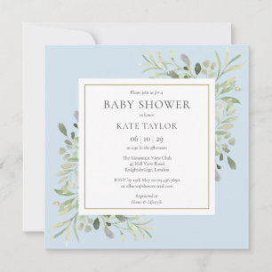 Watercolour Greenery Blue Baby Boy Shower Invitati Invitation