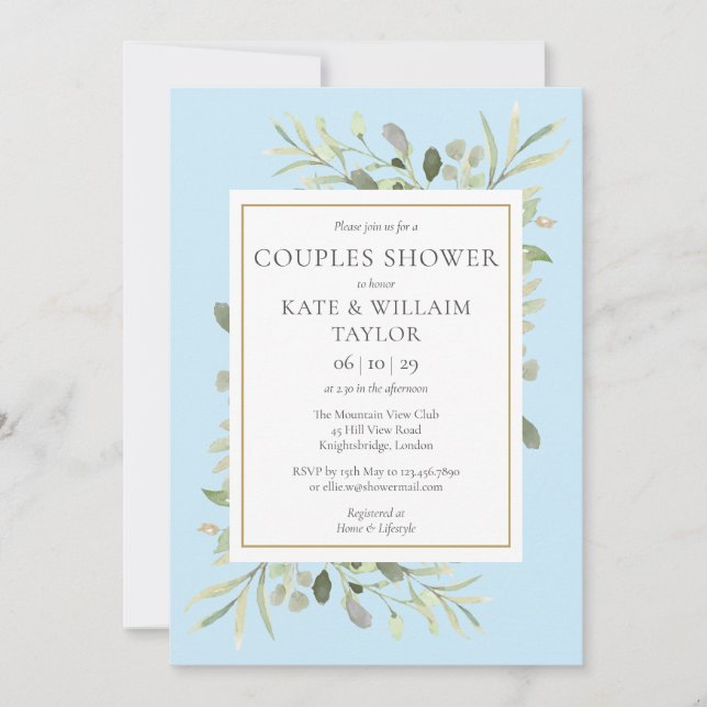 Watercolour Greenery Couples Blue Baby Boy Shower Invitation (Front)