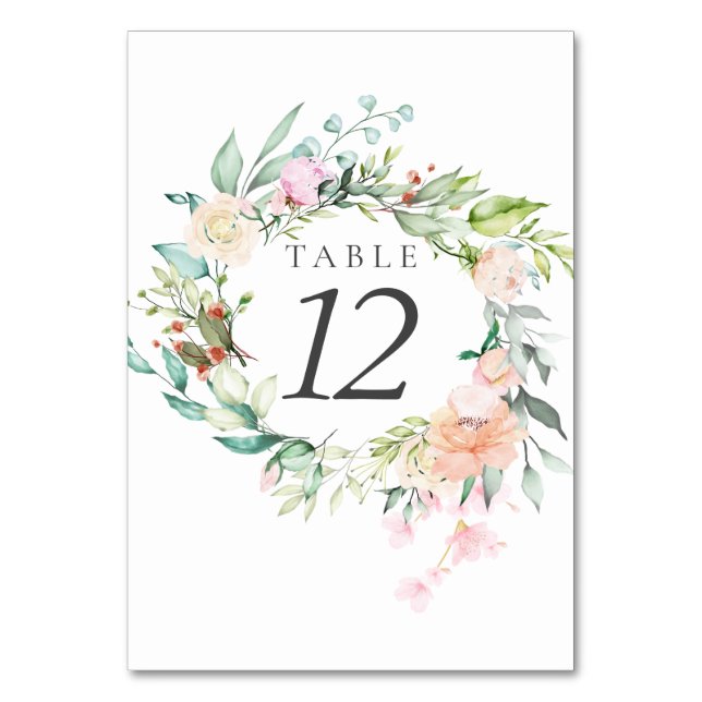 Watercolour Greenery Floral Wedding Table Numbers (Back)