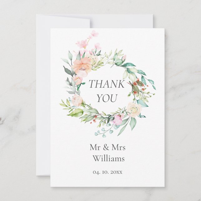 Watercolour Greenery Floral Wedding Thank You Card (Front)