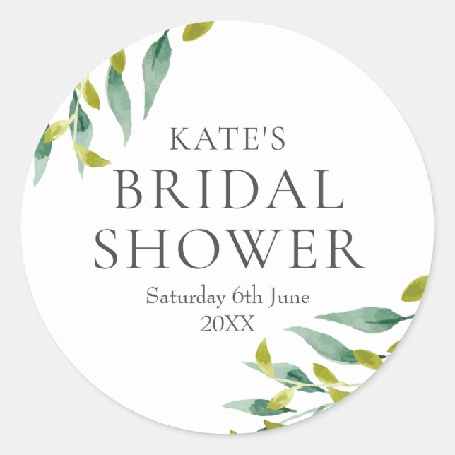Watercolour Greenery Leaves Bridal Shower Favour Classic Round Sticker (Front)