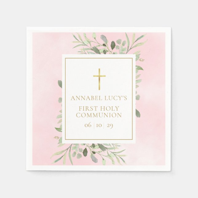 Watercolour Greenery Pink First Holy Communion Napkin (Front)