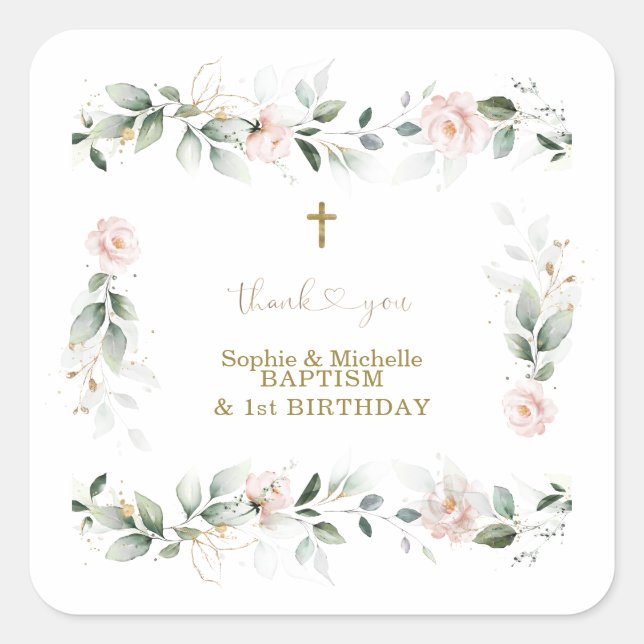 Watercolour Greenery Pink Floral Gold Baptism   Square Sticker (Front)